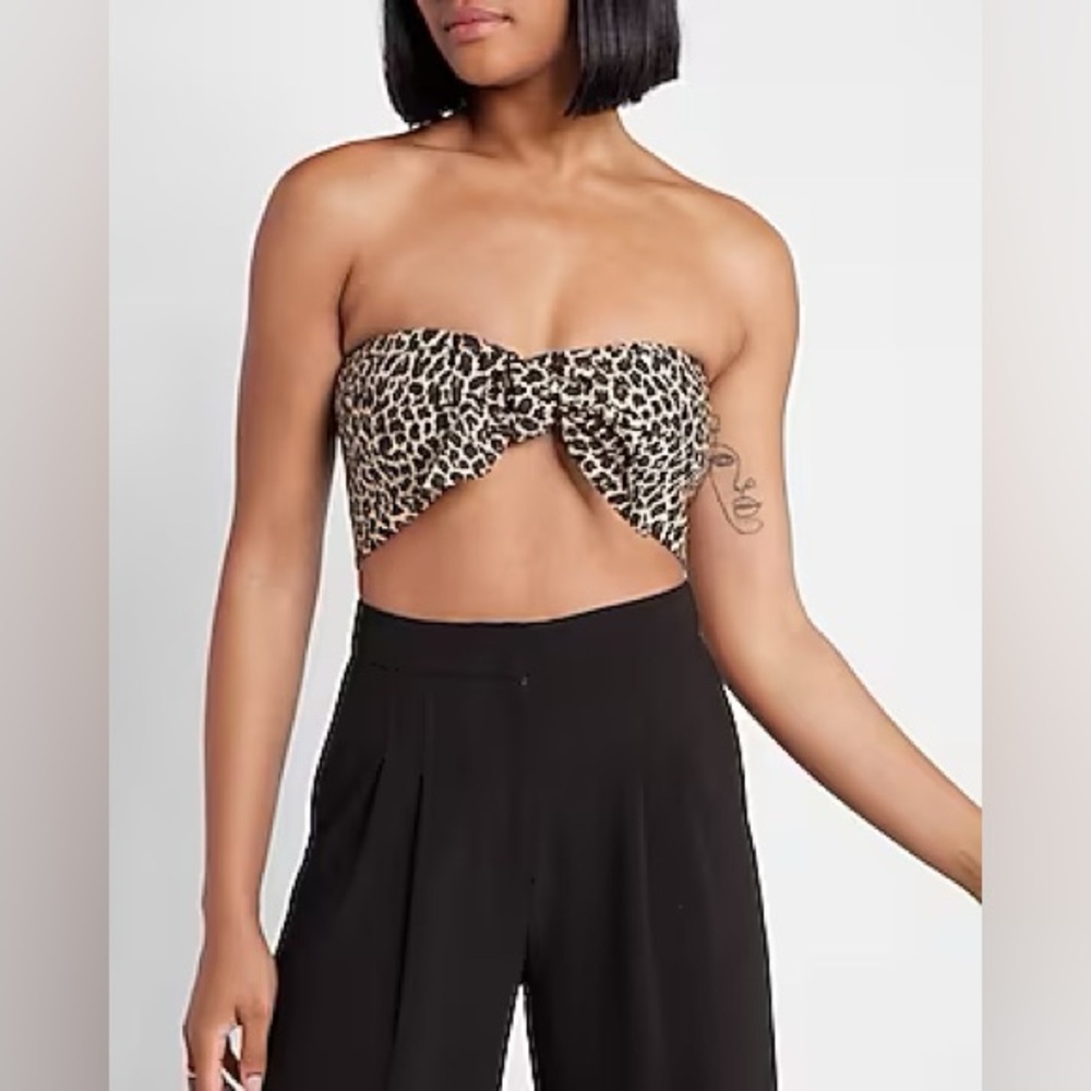 Leopard Print Linen-Blend Tie Front Bandeau Top
Size: XS